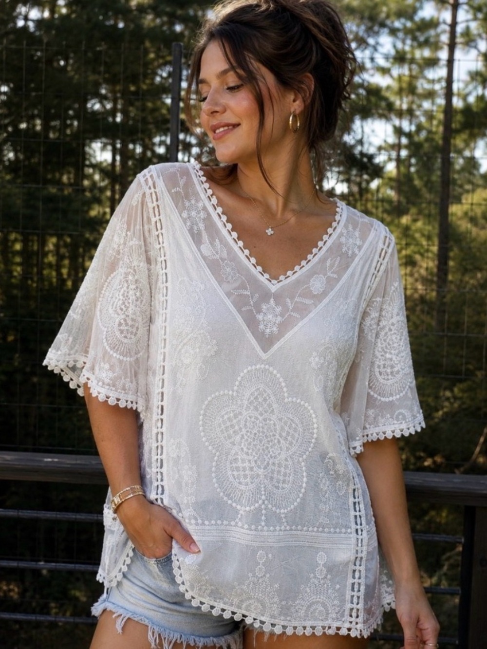 Kindred Anthropologie Boho White Lace V-Neck Blouse M